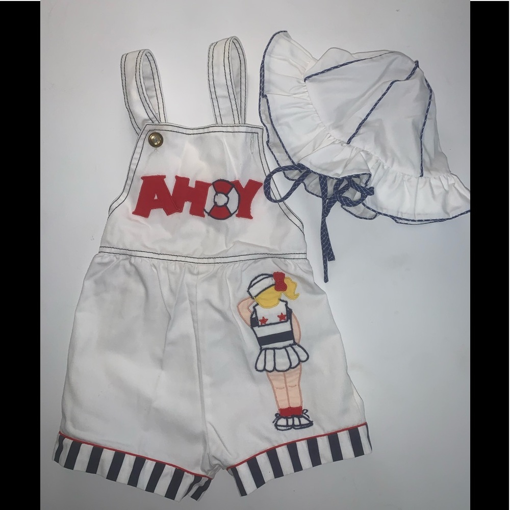 Vintage toddler sailor overalls in matching hat